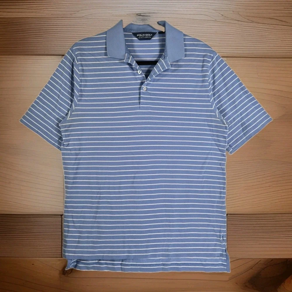 Polo Golf Ralph Lauren Men's Medium Blue White Striped Polo‎ Shirt Short..